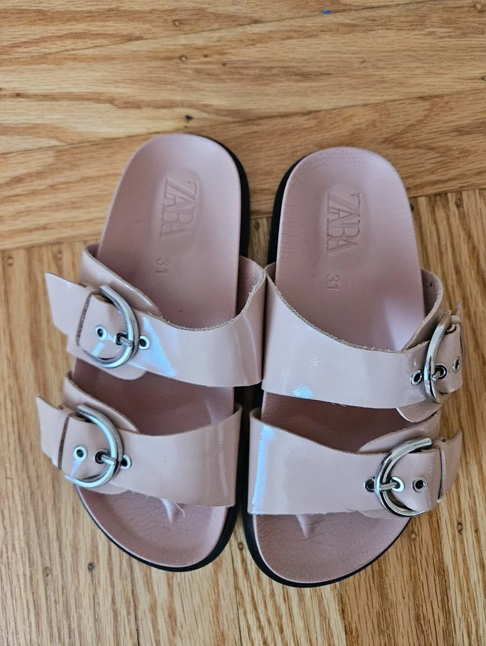 Zara Blush Patent Double-Buckle Slide Sandals EU31 Or US 1